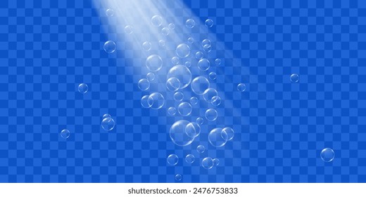 Bubbles of air or carbonated water underwater rise up under sunlight. Realistic 3d vector illustration isolated on transparent background.