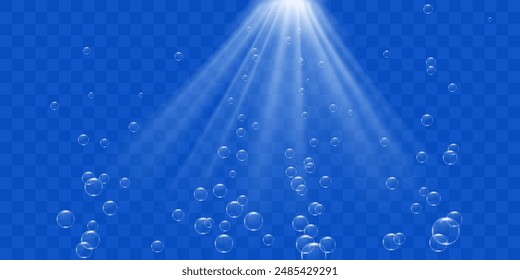 Bubbles of air or carbonated water underwater rise up under sunlight. Realistic 3d vector illustration isolated on transparent background.