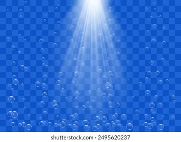 Bubbles of air or carbonated water underwater rise up under sunlight. Realistic 3d vector illustration isolated on transparent background.