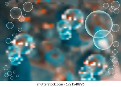 Blasen-Hintergrund. Transparente Seifenblasen. Realistische Blasen im Wasser auf buntem Hintergrund mit Bokeh. Zirkel, Traumperle oder Flüssigkeit, helles Design, klare Seifenglänze, Party.Stock, Vektorgrafik