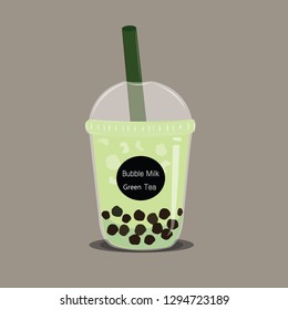 the bubbles black pearl in matcha green milk tea vector on grey color background. 