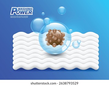 Bubbles in the bleach or detergent are trapping germs or stains or are removing dirt from the fabric fibers, vector 3d illustration on blue background for banner advertising design
