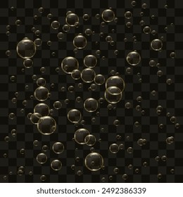 Bubbles of champagne, beer, or sparkling water rise to the top. Realistic 3D vector illustration isolated on transparent background.