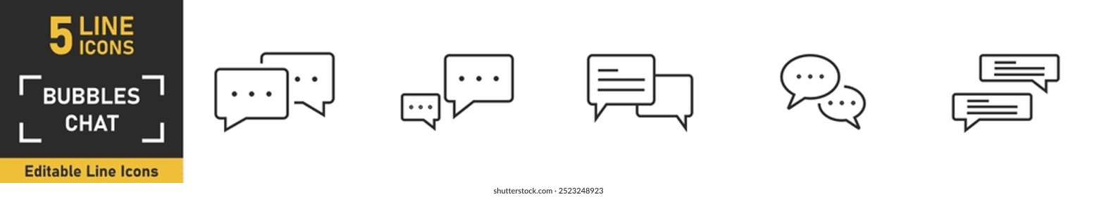 Conjunto de ícones da linha de bate-papo de bolhas. Conjunto de 5 ícones de tópicos relacionados a bolhas de bate-papo, conversa, bate-papo, discussão e muito mais. Ilustração vetorial.