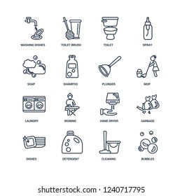 Bubbles, Cleaning, Detergent, Dishes, Garbage, Washing dishes, Soap, Laundry, Plunger outline vector icons from 16 set