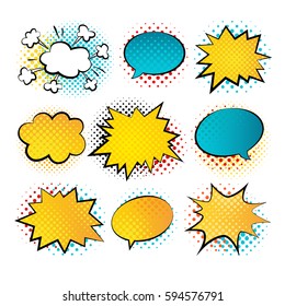 Bubbles Comic Style Vector Duddle Illustration. Cartoon Explosion, Speach Isolated On White Background. Tag Icons With Halftone Dot Shadows. Spech Bubble In Pop Art