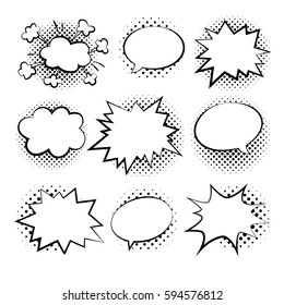Bubbles Comic Style Vector Duddle Illustration. Cartoon Explosion, Speach  Isolated On White Background. Tag Icons With Halftone Dot Black Shadows. Spech Bubble In Pop Art