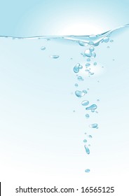 Bubbles coming up from the bottom of the water when air was blow.