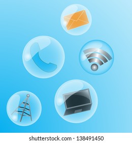 Bubbles of communication icons on blue background