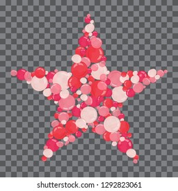 Bubbles confetti splash on transparent background in form of star. Magic vector waves with particles isolated on black background. Bubbles form stardust. Star of bubbles