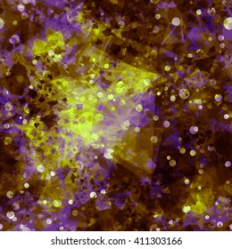 Bubbles in the crystal. Brown, purple, yellow, black. Dark seamless abstract pattern with shimmering spots.