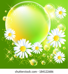 Bubbles and daisy on green glowing background