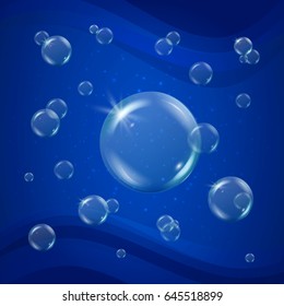 Bubbles in deep sunny water. Blue underwater background with soft gradient and bubbles. Cool sea water waves, sprays and sparkles. Business style for banner or flyer. Swimming pool design or cleaning.