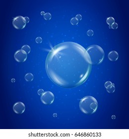 Bubbles in deep sunny water. Blue underwater background with soft gradient and bubbles. Cool sea water with sprays and sparkles. Business style for banner or flyer. Swimming pool design or cleaning.