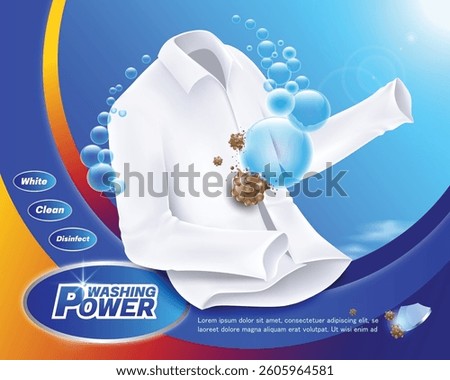 Bubbles of detergent or washing liquid hit the germs or stains on the white long-sleeved shirt to remove the stains from fabric, vector 3d illustration for advertising laundry products design template