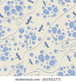 Bubbles and dragonflies. Seamless pattern background with insects, circles and lines. Vector. Template for design of fabric, wallpaper,  wrapping, stationery, textile.