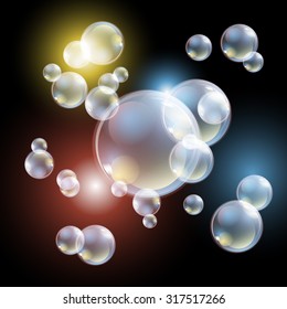 bubbles, eps10 vector Transparent multicolored soap bubbles vector set on plaid background. Sphere ball, design water and foam, aqua wash illustration art