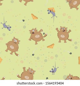 bubbles, a fat cat, cheese, a skeleton from a fish and a mouse. Repeating seamless patterns in cartoon caricature style. Vector illustration.
