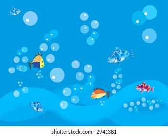bubbles and fish in blue water