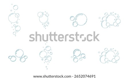 Bubbles fizzy foam blue doodle sketch hand drawn set. Line shampoo bubbles, champagne gas linear. Water balls. sparkles.