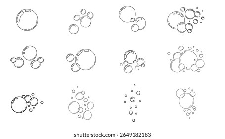 Bolhas espuma efervescente doodle esboço mão desenhado conjunto. Bolhas de champô linha, gás champanhe linear. Bolinhas de água.