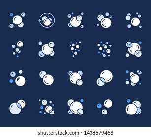 Bubbles Flat Glyph Icons Set. Soap Foam, Fizzy Drink, Oxygen Bubble Pictogram, Effervescent Effect Vector Illustrations, Signs. Solid Silhouette.