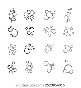 Definição de ícones de linha plana de bolhas. Sabão de espuma, refrigerante gasoso, pictograma de bolha de oxigênio, ilustração de vetor de efeito efervescente, sinal de contorno