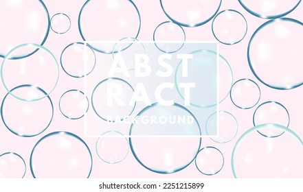 Bubbles floating in the air. Blue circle transparent round shape 3d abstract light pink background