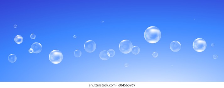 bubbles floating or flying in row on blue background, vector