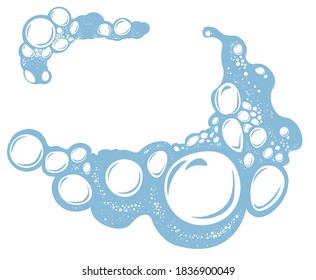 Bubbles and foam banner with copy space for text, isolated blue soapy suds. Cosmetic products, washing or cleaning foaming liquid. Laundry and effective cleansing at home. Vector in flat style