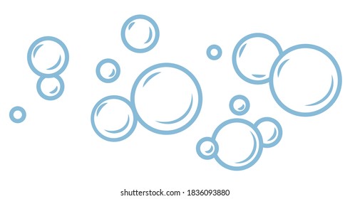 Bubbles and foam, bubbly cosmetic products, cleaning and washing. Hygiene or bathing foamy water. Soap or detergent, laundry drops. Bubbly liquid, rounded blue shapes, soapsuds vector in flat style