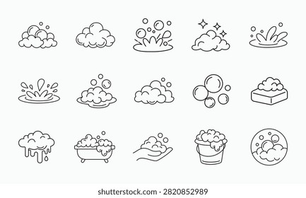 Bubbles and foam illustrations, water splashes, hygiene icons.