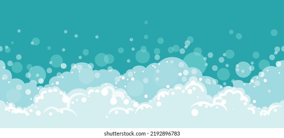 Muestra de espuma de burbujas. Patrón horizontal de dibujos animados de jabón, gráficos vectoriales de gaseosa fizzy de carbonatación, ilustración de borde de jabón de baño