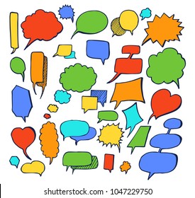 Bubbles hand drawn elements used to show characters thoughts, idea and cues, heart-shaped and circular objects, isolated on vector illustration