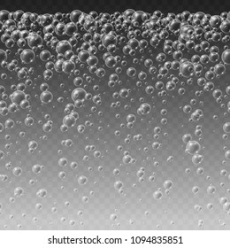 Bubbles horizontal seamless pattern. The flow of air bubbles in the water. Realistic soap on transparent background. Vector illustration.