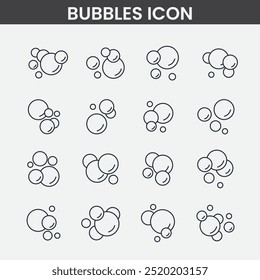 Conjunto de doodle de icono de burbujas. espuma de jabón, brillo de agua en estilo de boceto. Ilustración vectorial aislada sobre fondo blanco