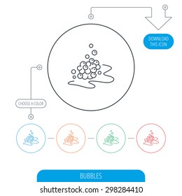 Bubbles icon. Foam for bathing sign. Washing or shampoo symbol. Line circle buttons. Download arrow symbol. Vector