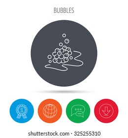 Bubbles icon. Foam for bathing sign. Washing or shampoo symbol. Globe, download and speech bubble buttons. Winner award symbol. Vector