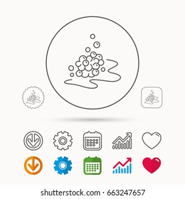 Bubbles icon. Foam for bathing sign. Washing or shampoo symbol. Calendar, Graph chart and Cogwheel signs. Download and Heart love linear web icons. Vector