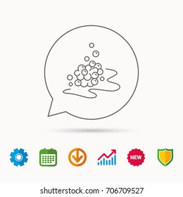 Bubbles icon. Foam for bathing sign. Washing or shampoo symbol. Calendar, Graph chart and Cogwheel signs. Download and Shield web icons. Vector