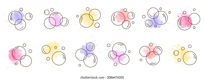 Bubbles icon set. Soap foam, soap bubbles. Vector illustrations. Soap bubbles shapes doodle set. Watercolor