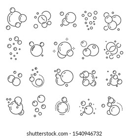 Bubbles isolated linear icons, soap foam or fizzy drink, oxygen spheres vector. Effervescent effect, circles outline symbols. Swimming or washing, cleaning and laundry element, shower or bath