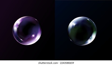 Bubbles isolated on black background. Realistic transparent soap bubble with glares. Bubbles illustration vector.