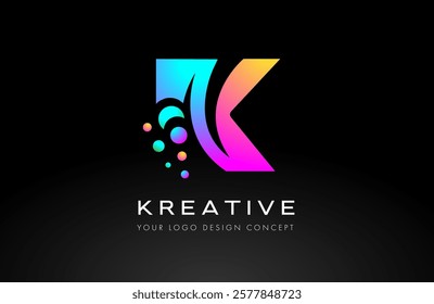 Bubbles K letter logo design with rainbow colored curved cut shape swoosh style vector Illustration