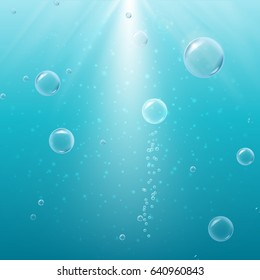 Bubbles in light sunny water. Turquoise banner or flyer with water sprays. Sunshine flare. Blue background with bubbles. Glowing rays and sparkles beam. Sun flash with solar effect and radiate burst.