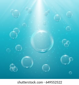 Bubbles in light sunny water. Turquoise banner or flyer with water sprays. Sunshine flare. Blue background with bubbles. Glowing rays and sparkles beam. Sun flash with solar effect and radiate burst.