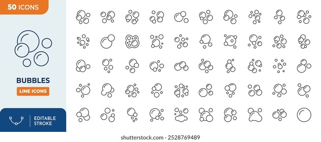 Conjunto de iconos de línea de burbujas. Espuma de jabón, bebida efervescente, burbuja de oxígeno, conjunto de iconos de línea de efecto efervescente, trazo editable aislado en blanco, ilustración de contorno de Vector lineal, estilo de diseño de logotipo de símbolo