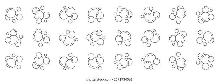 Blasen Linien Symbole gesetzt. Seifenschaum, fizzy drink, Sauerstoff-Blase, Brauseeffekt Linie Symbole gesetzt, editierbarer Strich einzeln auf Weiß, lineare Vektorkontur-Illustration, Symbol-Logo-Design-Stil