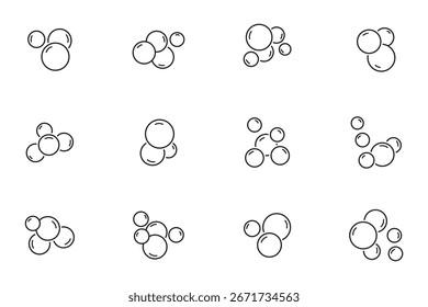 Blasen Linien Symbole gesetzt. Seifenschaum, fizzy drink, Sauerstoff-Blase, Brauseeffekt Linie Symbole gesetzt, editierbarer Strich einzeln auf Weiß, lineare Vektorkontur-Illustration, Symbol-Logo-Design-Stil