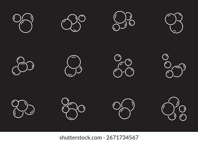 Ícones de linha de bolhas definidos. Espuma de sabão, refrigerante gasoso, bolha de oxigênio, conjunto de ícones de linha de efeito efervescente, traço editável isolado em branco, ilustração de contorno de vetor linear, estilo de design de logotipo de símbolo